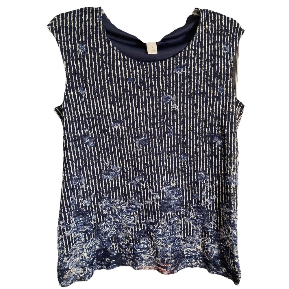 Christopher & Banks Women’s Medium-M Stretch Top Navy & Cream Floral Striped